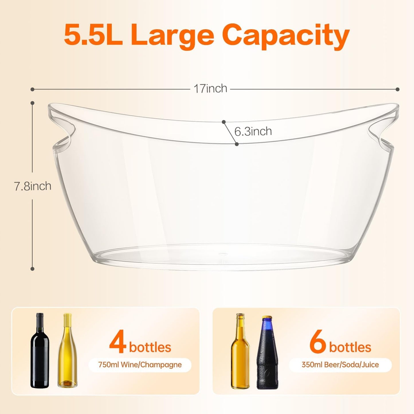 Ice Buckets for parties Wine Bucket, Clear Acrylic 5.5 Liter Plastic Tub for Drinks and Parties, Food Grade, Perfect for Wine, Champagne or Beer Bottles (2Pcs)