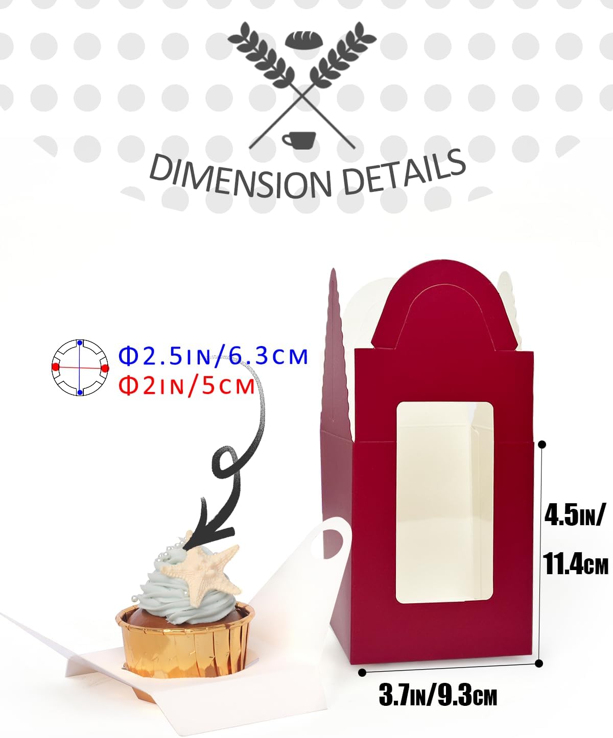 qiqee Wine Cupcake Boxes Individual Cupcake Holders Disposable 50pcs Single Cupcake Boxes with Window 3.7" 3.7"*4.5" Cupcake Containers