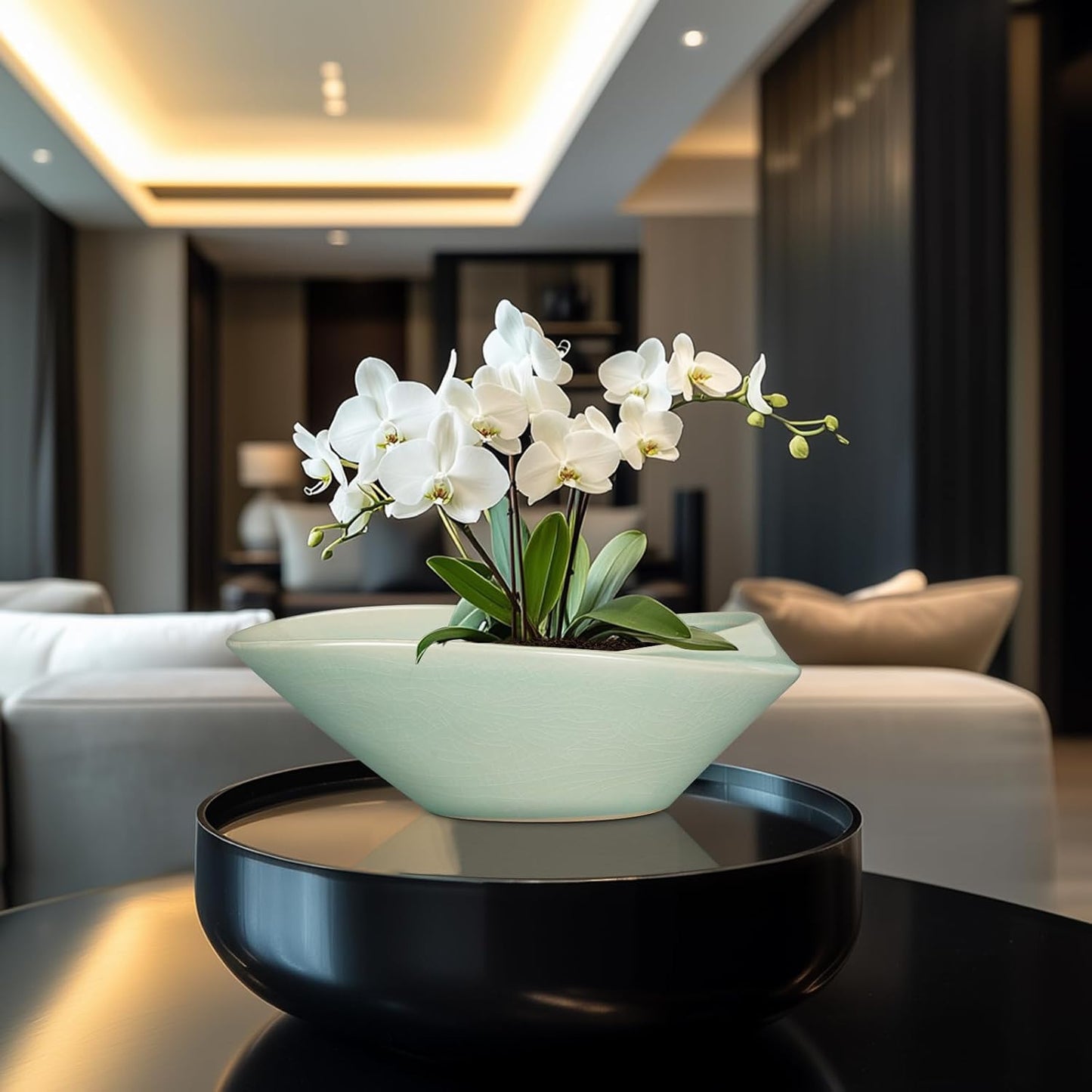 Bonsai Pot - 12 Inch Ceramic Planter Pot with Drainage Hole Large Modern Planter Decorative Glazed Succulent Plant Pot for Indoor Outdoor Plants Green