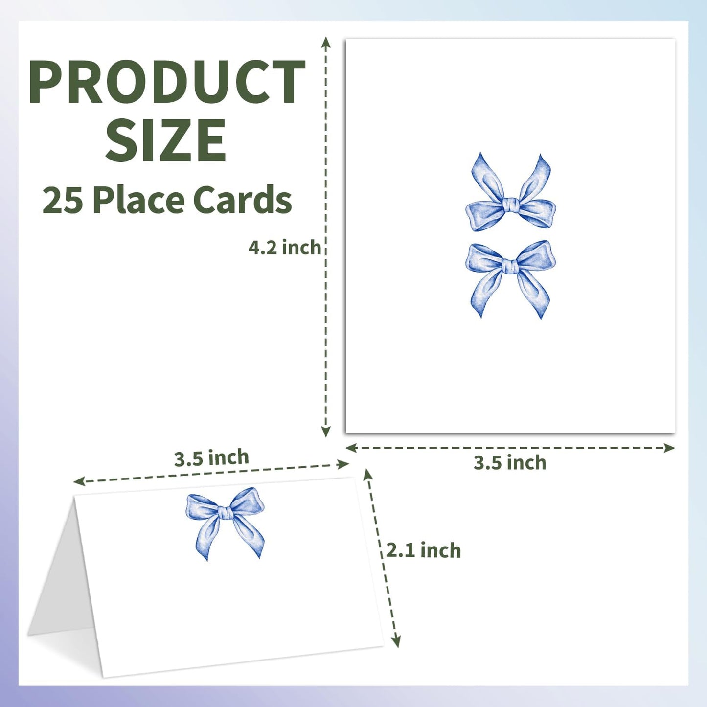 25 Blue Bow Place Cards for Table Seating, Watercolor Wedding Name Place Card, Tent Cards for Birthday Bridal Shower Baby Shower Reception Dinner Party Decorations -A22
