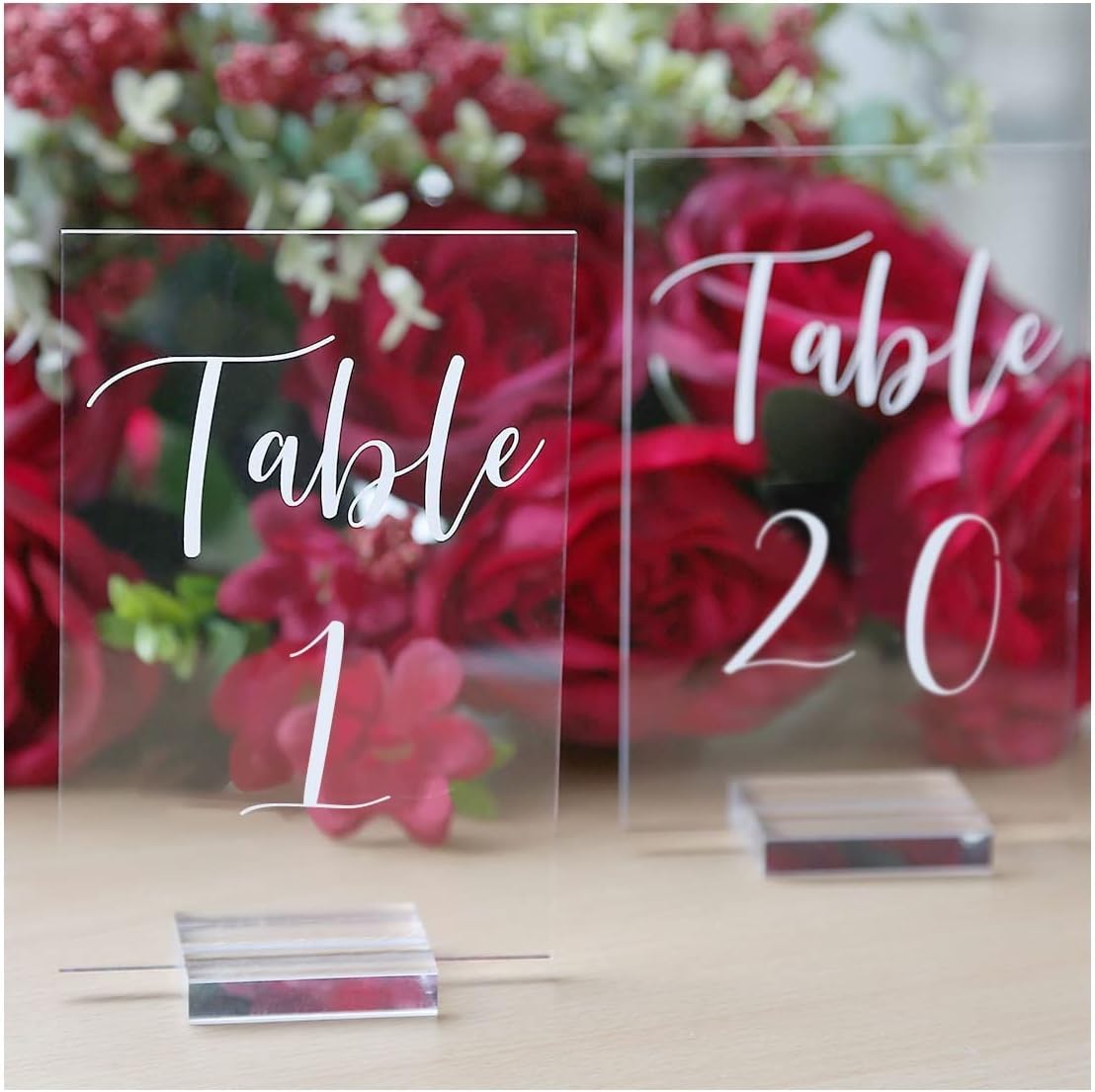 UNIQOOO Acrylic Wedding Table Number 1-20 with Stand | 4x6 inch Printed Calligraphy, Sign and Holder | Perfect for Wedding, Reception, Centerpiece Decoration, Event, Party