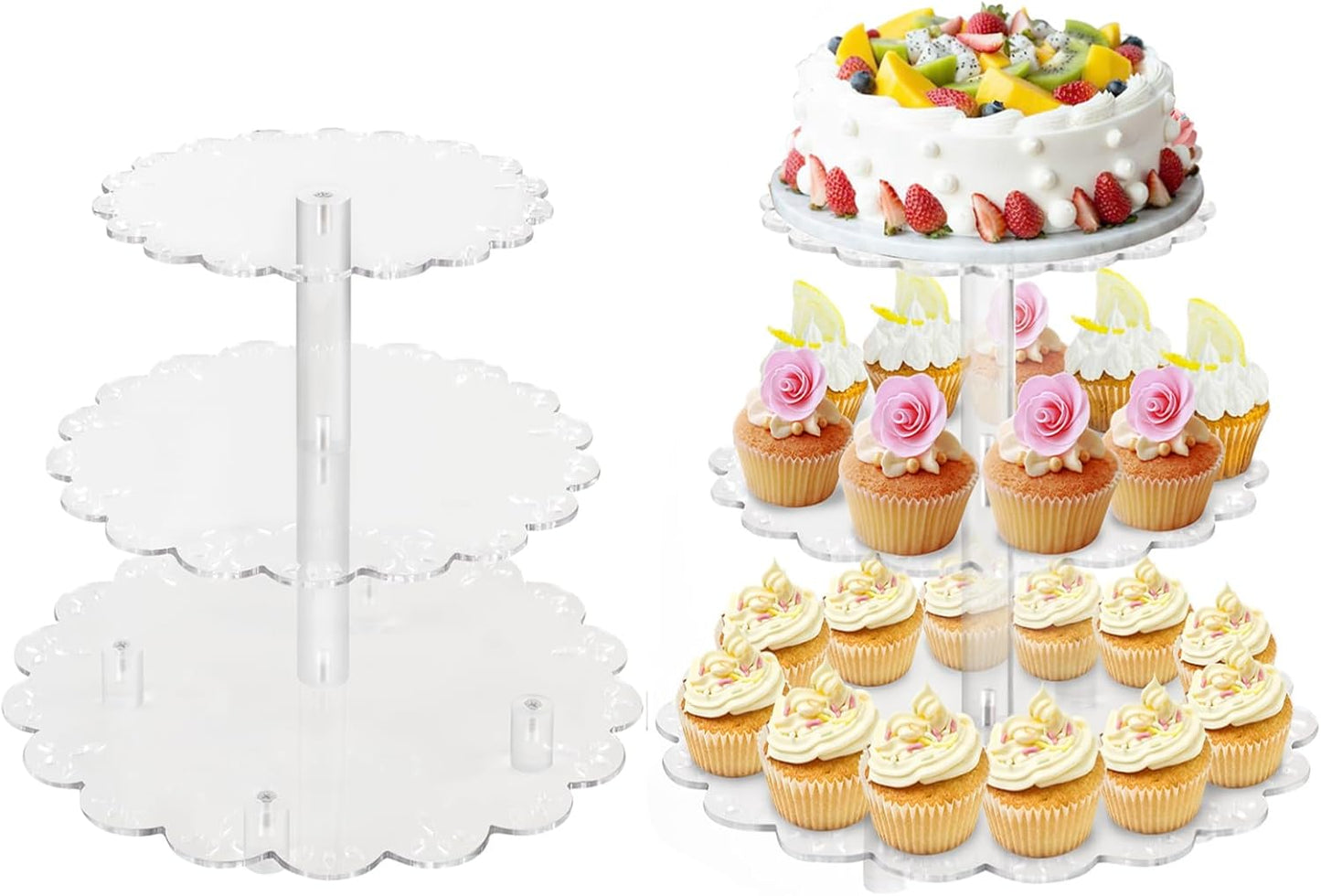 3 Tiers Acrylic Cupcake Stand, Lacework Design Cake Tower Stand Holder Macaron Display Rack Cookie Candy Buffet Desserts Platter with Base for Baby Shower, Birthday, Wedding