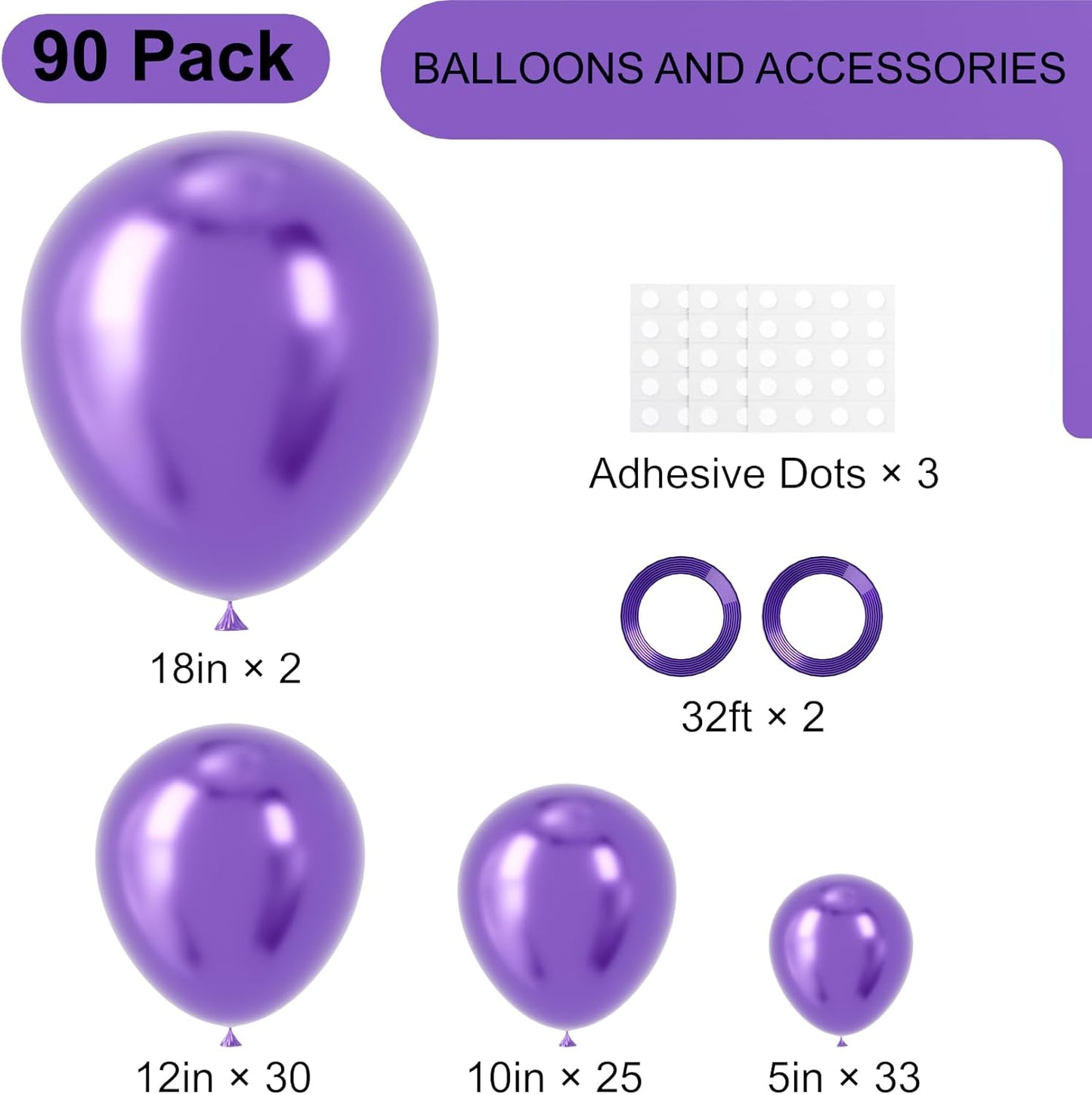 90pack Metallic Purple Balloons Different Size 18/12/10/5 Inch Metallic Purple Balloon Garland Arch Kit for Graduation, Wedding, Birthday, Anniversary, New Year Party Decorations