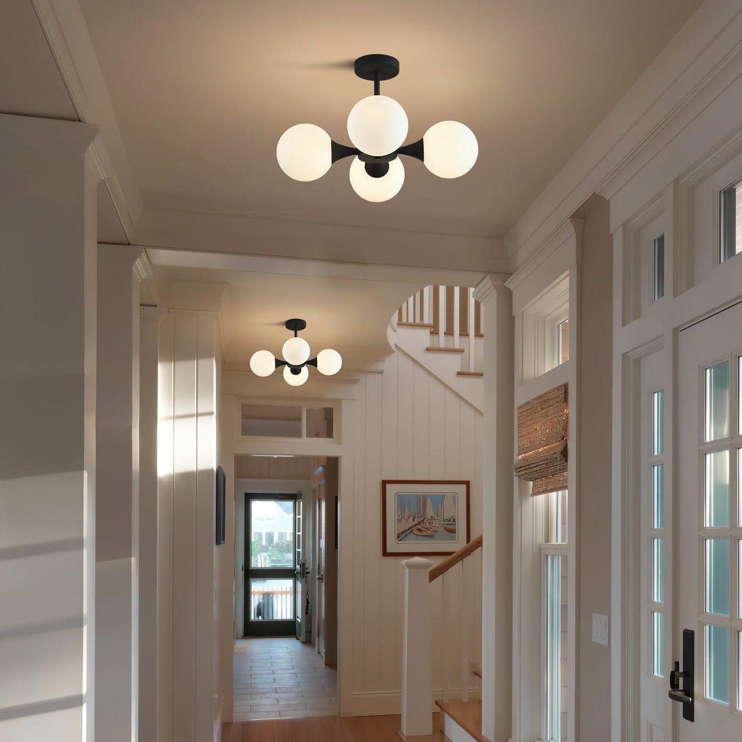 KCO Lighting Mid Century Modern Semi Flush Mount Ceiling Light Fixture Farmhouse Black Globe Sputnik Chandelier Ceiling Light 4-Light Milk Glass Hallway Ceiling Light