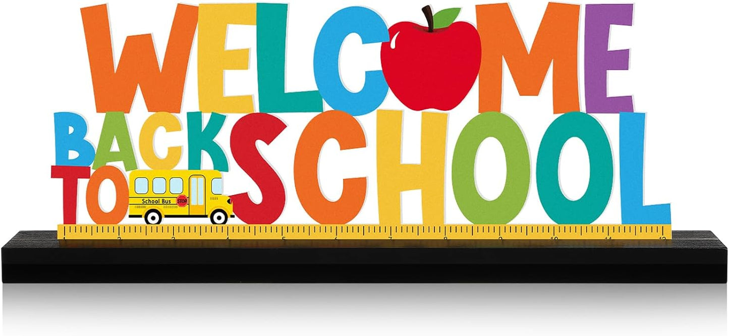 Welcome Back to School Metal Sign First Day of School Table Decor Metal Word Sign with Wooden Base for Classroom Teacher Party Favor Supplies Tiered Tray Decor Shelf Tabletop Decorations