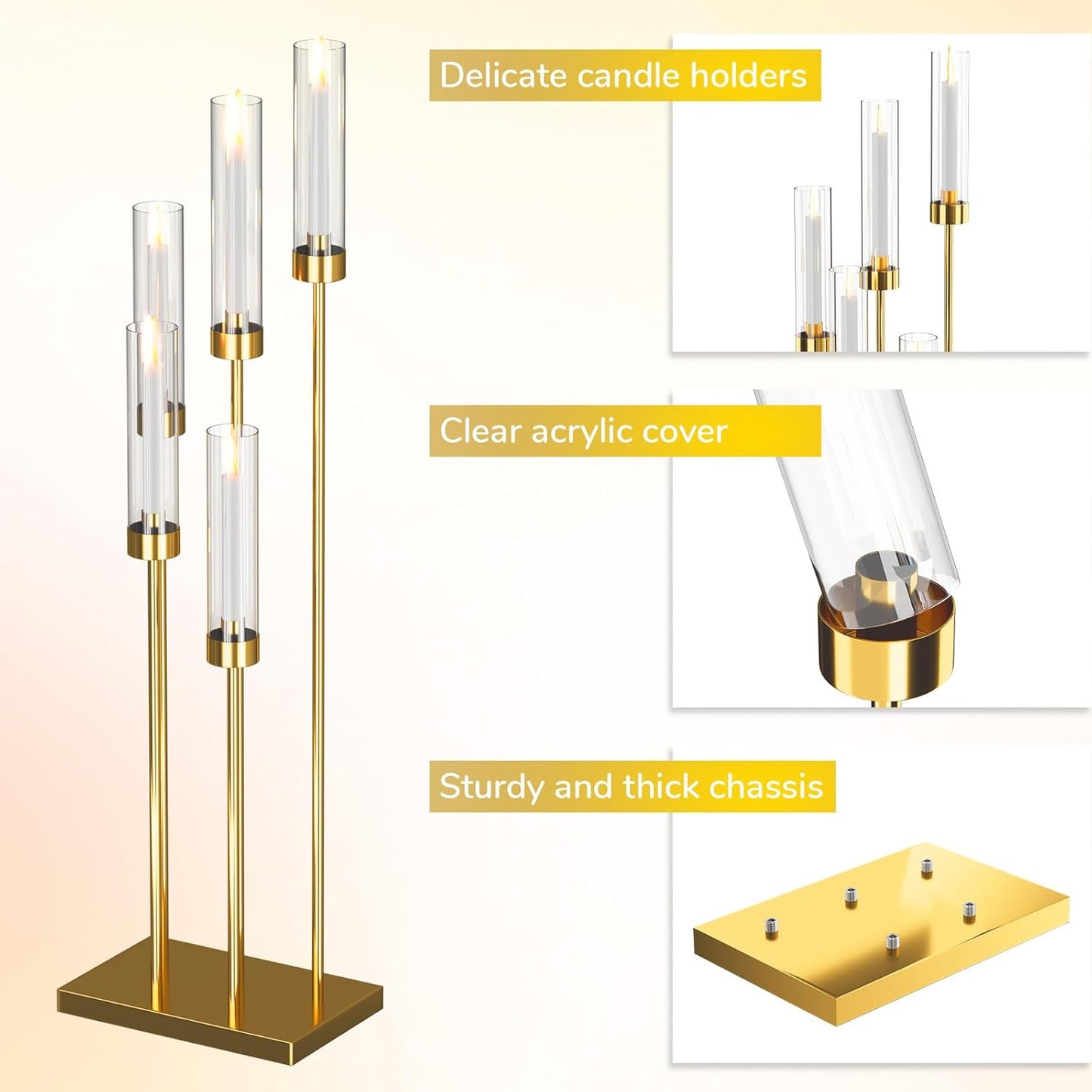 42.5'' Floor Candelabra 5 Arm Candelabra Centerpieces for Tables Gold Candle Sticks Holder 4 Set Tall Metal Candlestick with Acrylic Lampshades for Home Christmas Party (Square)