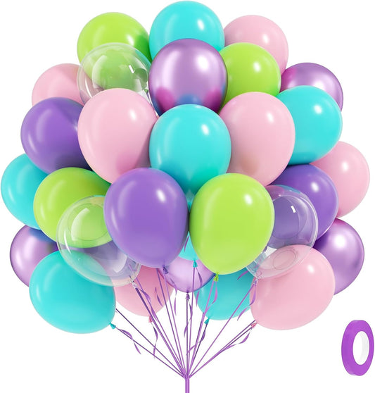 60pcs Blue and Green Balloons 12inch with Metallic Purple Lime Green Teal Light Pink Clear Balloons for Baby Shower Birthday Party Decorations