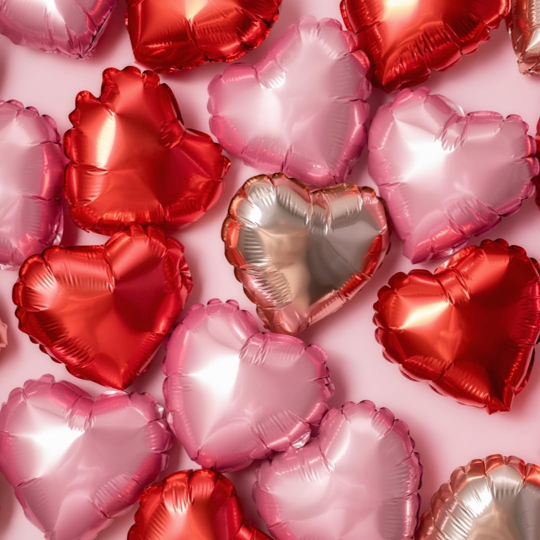 12Pcs Red Pink Champagne Gold Heart Balloons, 18 Inch Heart Shape Love Balloons for Valentine's Day, Wedding, Birthday Decorations