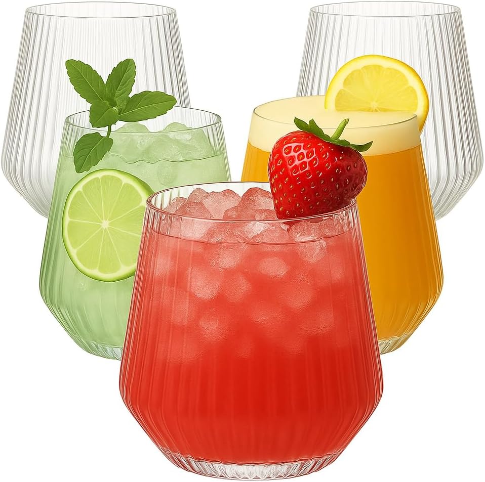 40 count origami ripple Unbreakable Stemless Plastic Wine Champagne Whiskey Glasses Elegant Durable Disposable Indoor Outdoor Ideal for Home, Office, Bars, Wedding, Ribbed 14 Ounce Cups (40, Clear)