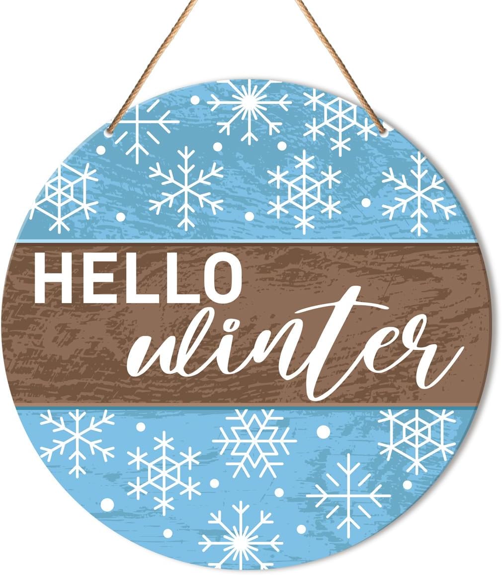 Muktoujaumai Hello Winter Sign Front Door Decor, Christmas Round Hanging Sign Decor Farmhouse Snowflake Xmas Holiday Wall Decorations Winter Wood Sign for Door, Porch, Home