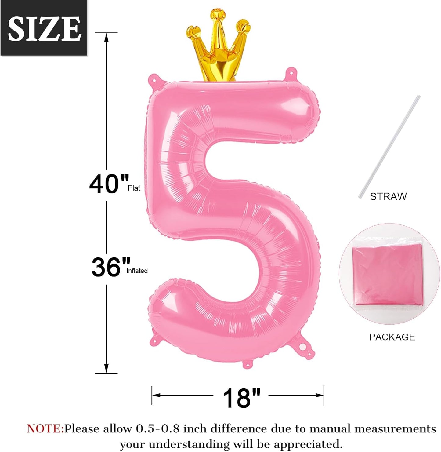 Pink 40 Inch Number Balloon (5) with Crown, Unique Foil Design, Reusable, for Birthday Party, Wedding, Anniversary