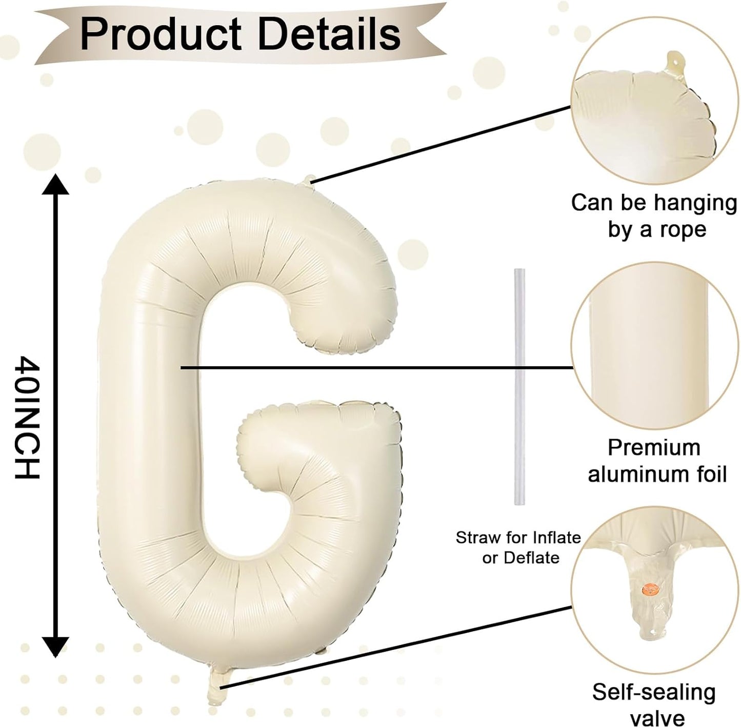 40 Inch Letter Balloons G, Big Custom A-Z Alphabet Foil Name Balloon Cream White, Self Inflating Beige Customize Helium Balloon Letters G for Women Girls Birthday Grad Oh Baby Shower Party Decorations