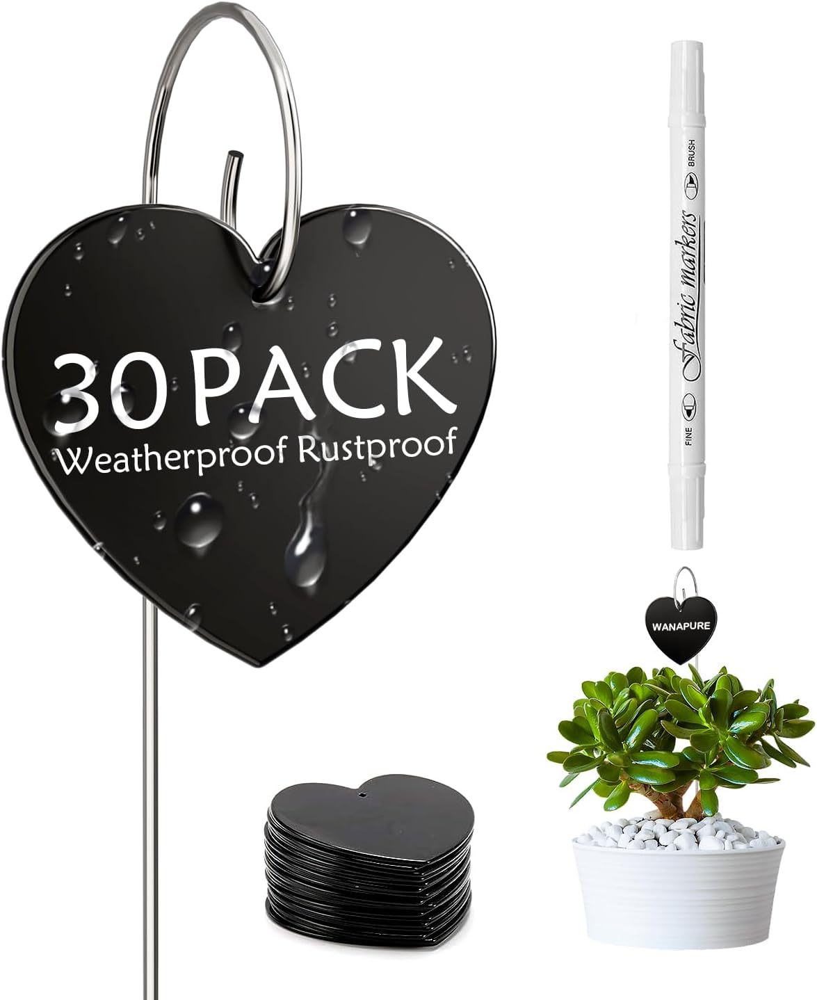30-Pack Iron Metal Heart Shaped Garden Markers Weatherproof Metal Plant Labels Large Planting Seedling Stake Signs, for Seedlings Herbs Vegetable Greenhouse Gifts with White Marker Pen Labels