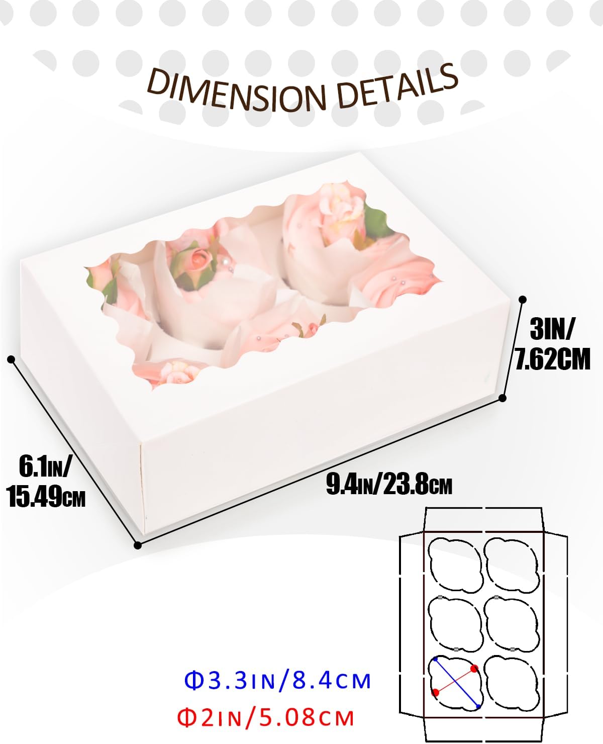 qiqee White 6 Cupcake Boxes with Window Auto-pop up 30 Packs Cupcake Box 9"x6.1"x3.3" Bakery Boxes For Cupcakes Carrier, Cupcake Containers