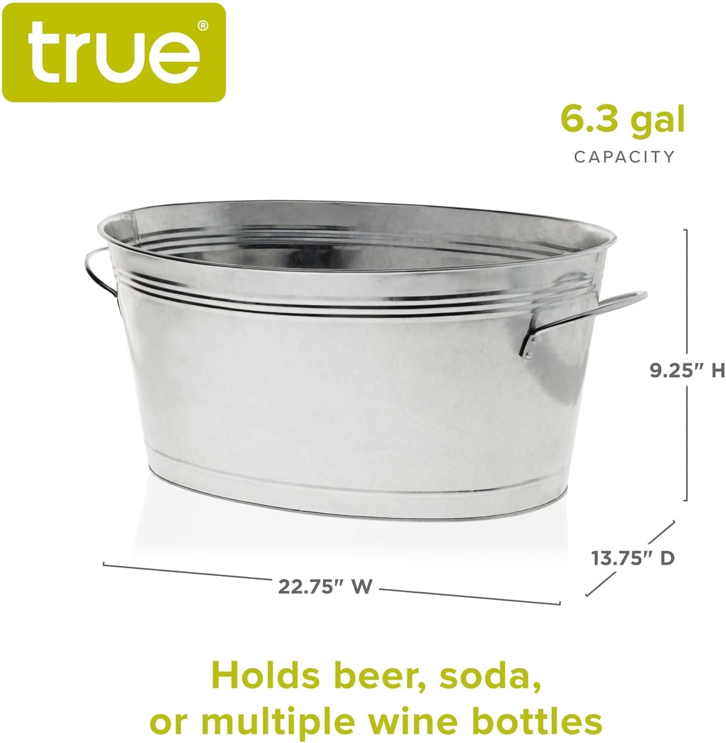 True Galvanized Tub, Large Ice Buckets for Parties, Beverage Cooler for Beer, Wine, Soda, Bottled Water, Rustic Beverage Tub, Drink Bucket for Indoor & Outdoor Party, 6.3 Gal (23.8 Liters), Set of 1