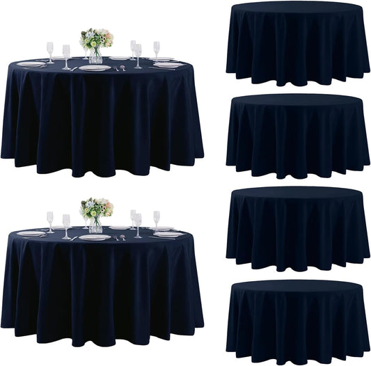 Fokitut 6 Pack Round Tablecloth, 132 Inch, Stain Resistant and Wrinkle Polyester Table Cloth, Fabric Table Cover for Kitchen Dining, Wedding, Party, Holiday Dinner-Navy