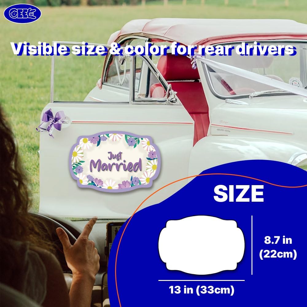 GEEKBEAR Just Got Married Car Magnet (2 Pack) - 13 x 8.7 in (Purple Daisy)