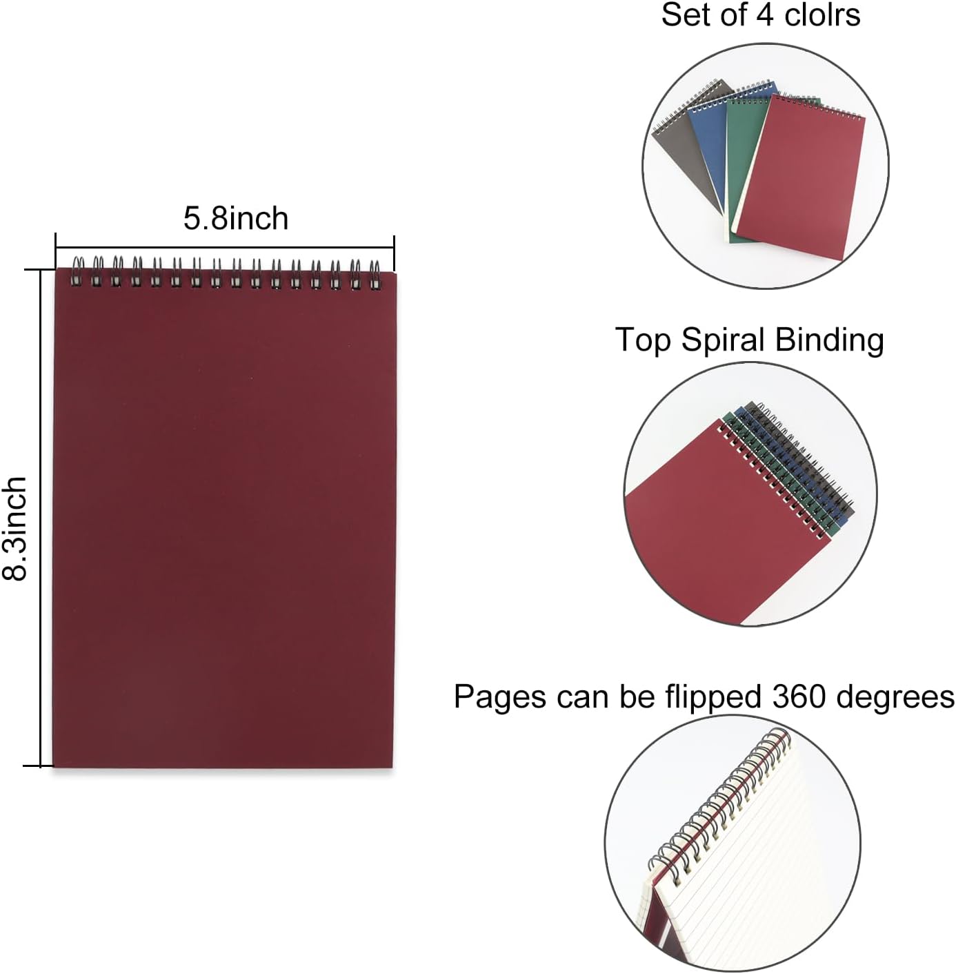 4 Pcs Top Bound Spiral Notebook,8.3 inch x 5.8 inch,60 Sheet,7mm College Ruled Paper,A5 Spiral Note Pads Memo Lined Notebook Journal for School and Office Supplies (4 Colors)