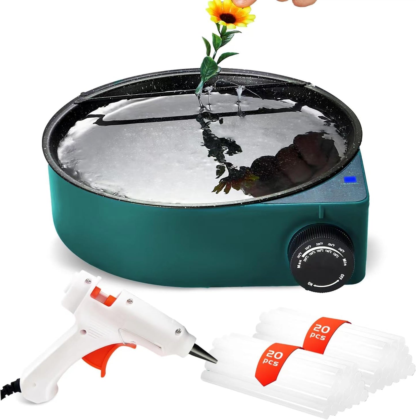Hot Glue Melting Pot, Electric Floral Dipping Skillet Kit for Crafts with Premium 40 Glue Sticks and Mini Gun 20W for DIY Arts&Crafts