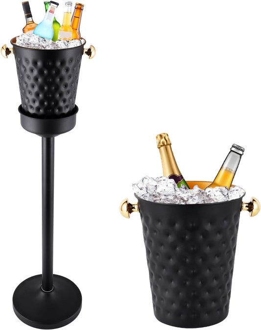 Champagne Ice Bucket with Stand, Stainless Steel Wine Chiller Bucket Stand, Black Gold Ice Bucket with Carrying Handle for Wine Beverage Champagne Beer KTV Club Bar Christmas Party, 92cm 15LB