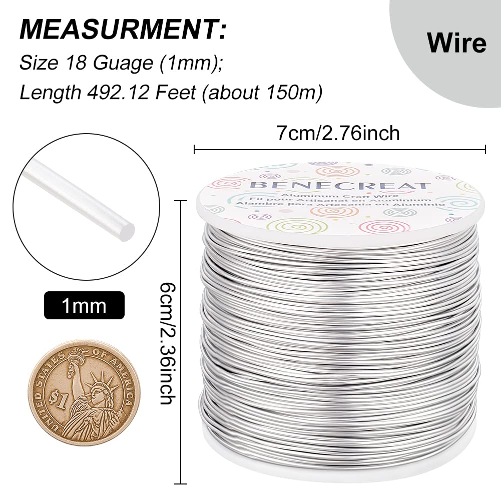 BENECREAT 12 17 18 Guage Aluminum Wire (18 Gauge,492 FT) Anodized Jewelry Craft Making Beading Floral Colored Aluminum Craft Wire - Silver