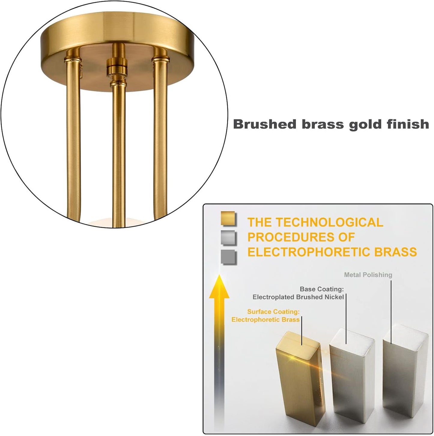 Modern Brass Gold 3-Light Ceiling Light with Globe White Glass Shade Semi Flush Mount Ceiling Light for Living Room Hallway Sputnik Chandelier Lighting Fixture