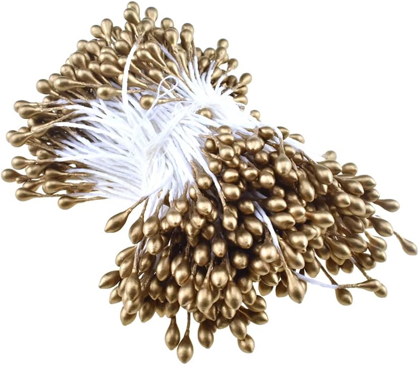 HAHIYO 700pcs 3mm Gold Pearl Double Heads Flower Pistil Hand-Made Artificial Flower Parad National Pearlized Floral Stamen for Scrapbook Decoration