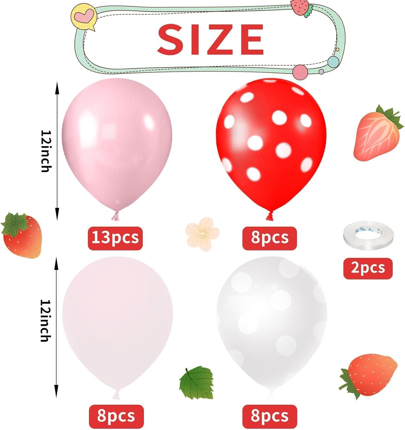 Strawberry Theme Balloons, 52 PCS 12 Inch Red Pastel Pink Pearl Pink Balloons With Polka Dot Latex for Sweet Girl Birthday Party Decorations
