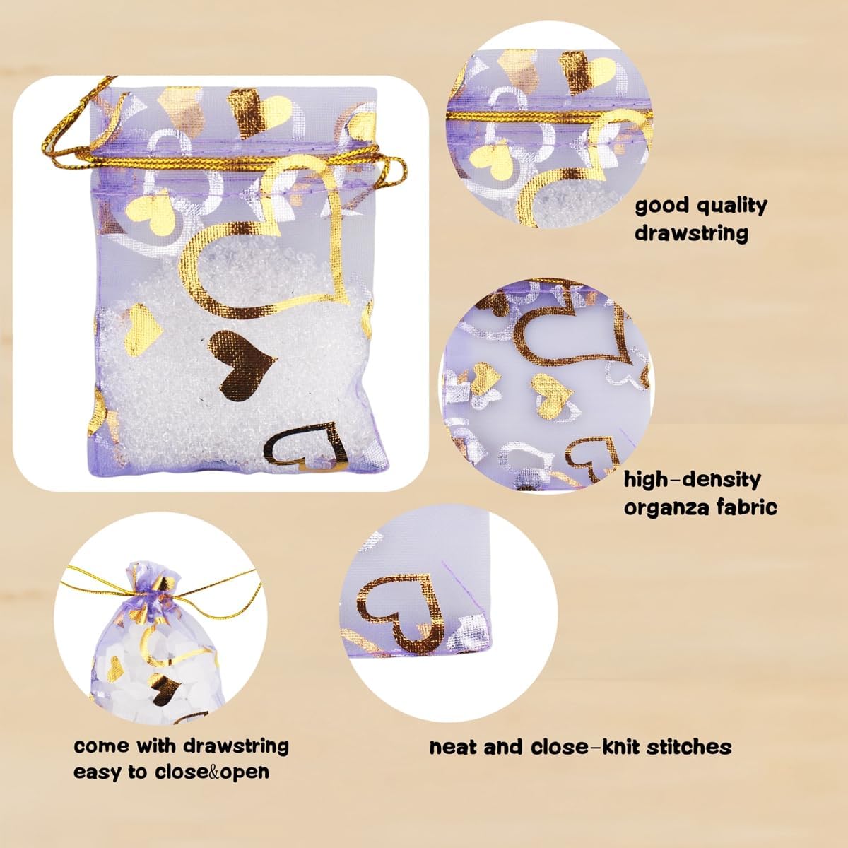 QIANHAILIZZ 100 Pack 2.8 x 3.5 Inch Flower Heart Organza Jewelry Gift Pouch Candy Pouch Drawstring Wedding Favor Bags B511S (lilac gold heart)