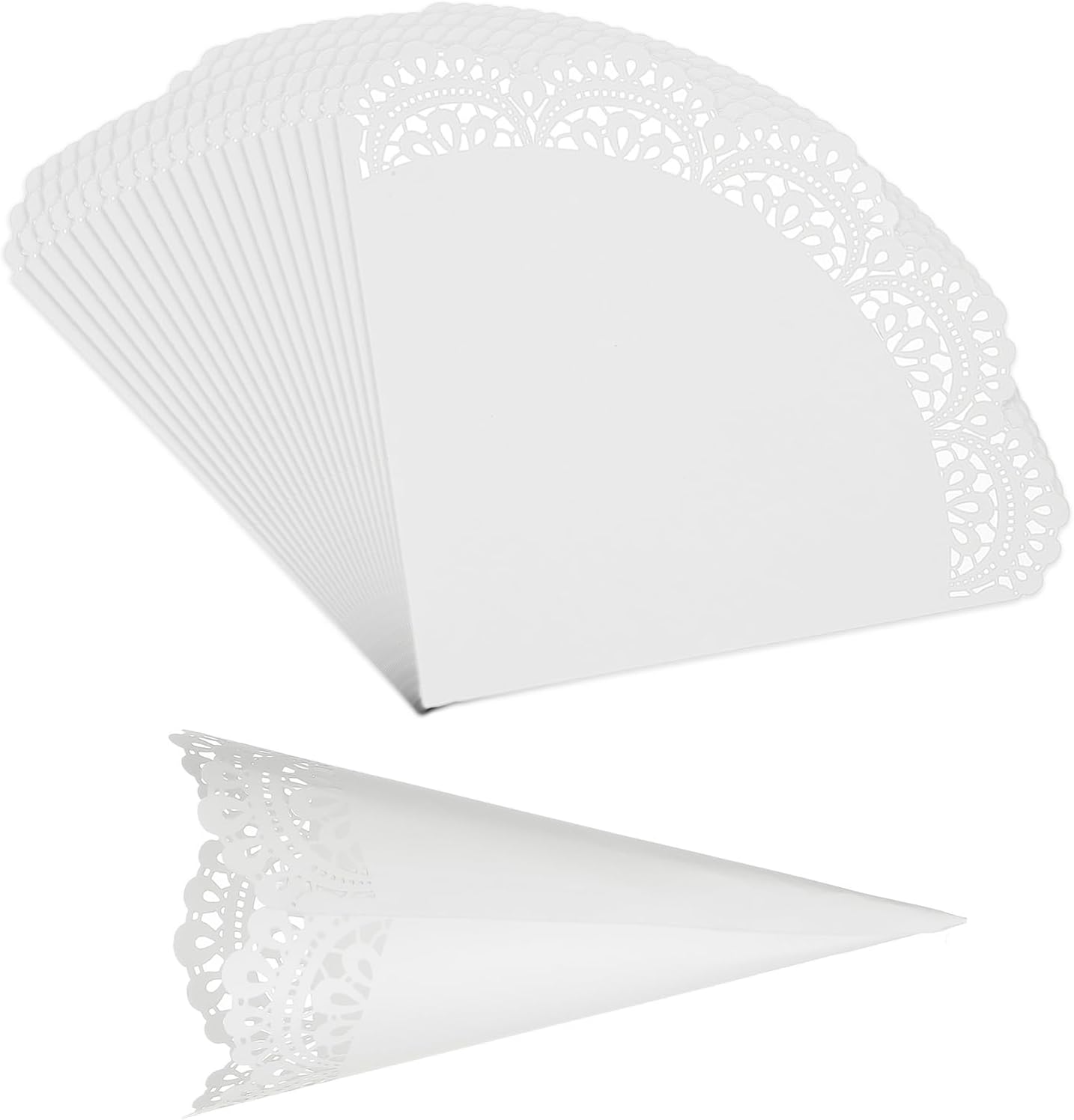 PATIKIL Wedding Confetti Cones, 50 Pcs Paper Tapers Hollow Print Lace Cone Bouquet for Party Candy Gift Boxes Chocolate Bags Buffet Bachelor Party Petals, White
