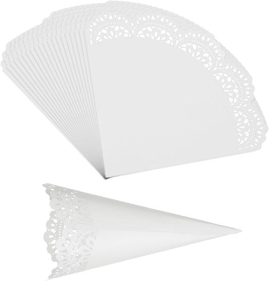 PATIKIL Wedding Confetti Cones, 50 Pcs Paper Tapers Hollow Print Lace Cone Bouquet for Party Candy Gift Boxes Chocolate Bags Buffet Bachelor Party Petals, White