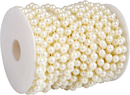 47 FT Pearl Beads Garland for Decoration, 8MM Craft Pearl Beads String Spool Ivory Color Faux Pearl Strand Roll for DIY Craft Wedding Party Christmas Tree Decoration