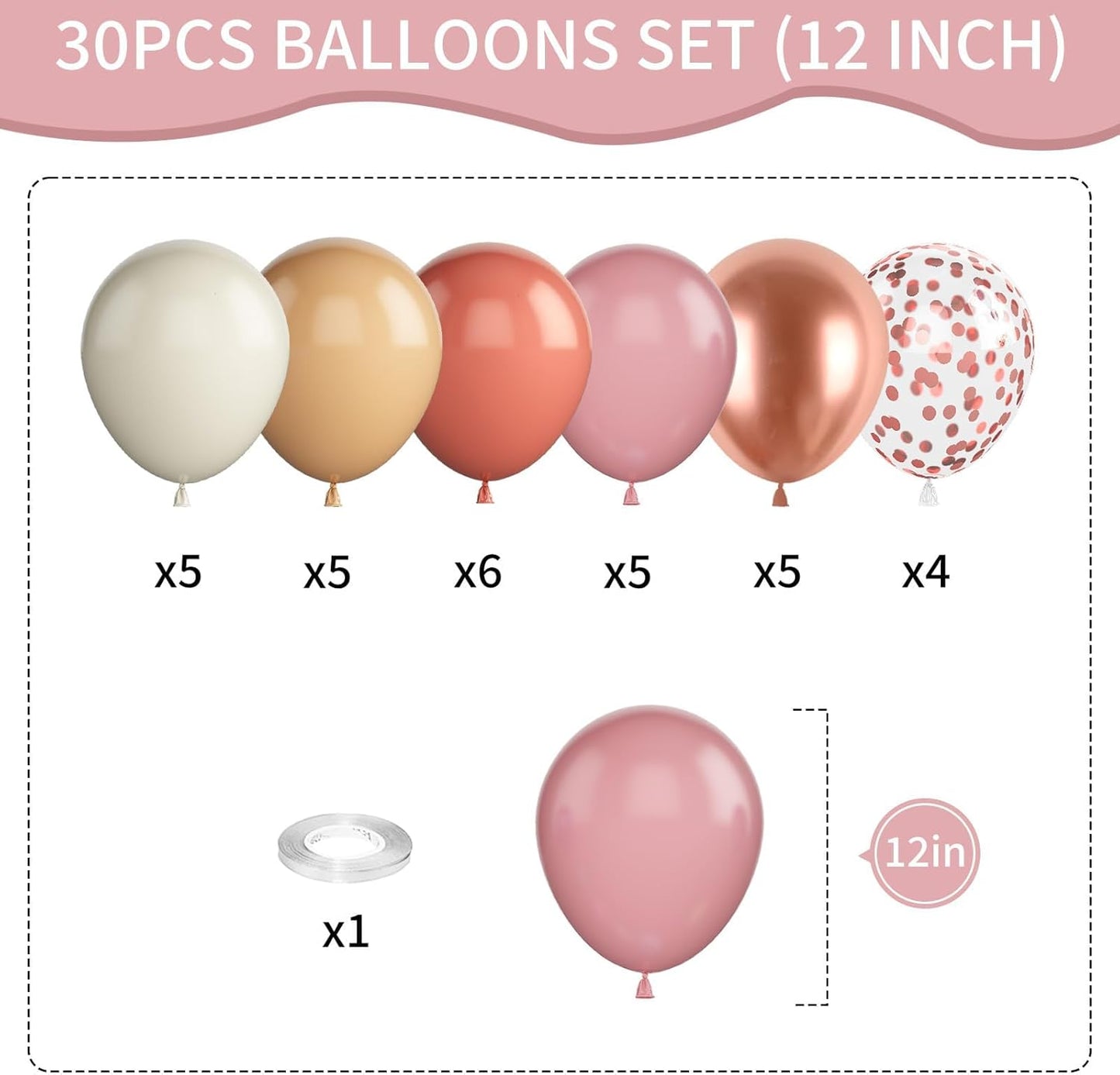 Dusty Pink Balloons - 12 Inch Blush Pink Metallic Chrome Rose Gold White Sand Nude Balloons for Bridal Baby Shower Girls Boho Birthday Wedding Decorations