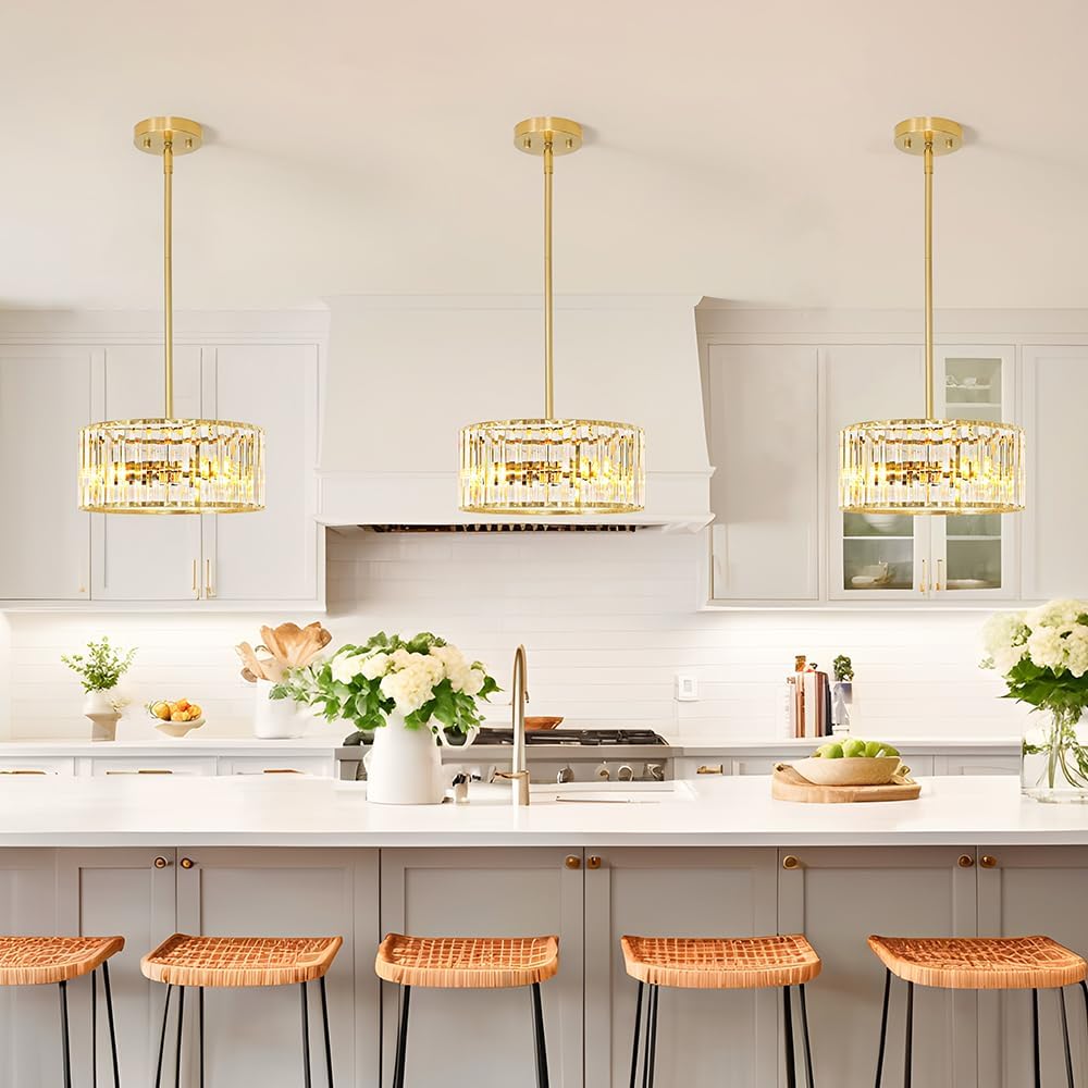 Gold Crystal Chandelier for Dining Room, 3-Light Modern Semi Flush Mount Ceiling Pendant Light Fixture, Round Pendant Lights Kitchen Island, Chandelier for Living Room Bedroom Hallway Entryway, E12