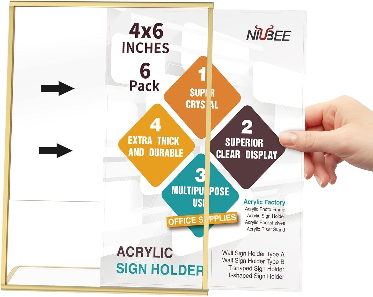 NIUBEE 4 x 6 Gold Frames, 6 Pack Acrylic Slanted Back Gold Picture Frames for Wedding Table Numbers, Restaurant Signs, Photos, Perfect for Wedding, Party, Event