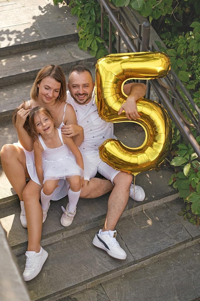 Gold 40 Inch Large Number 5 Birthday Balloon, Five 5th 15 25 35 50 55 Birthday Celebration Decorations, 2025 Foil 5 Mylar Helium Number 5 Balloons Girl Boy Anniversary Party Supplies