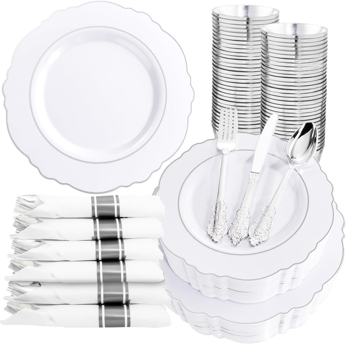 Liacere 350PCS Silver Plastic Plates-Disposable White and Silver Plates 50guest Baroque Plastic Dinnerware Set include 100Plates, 50Pack Pre Rolled Napkins with Silverware 50Cups Perfect for Chrismas