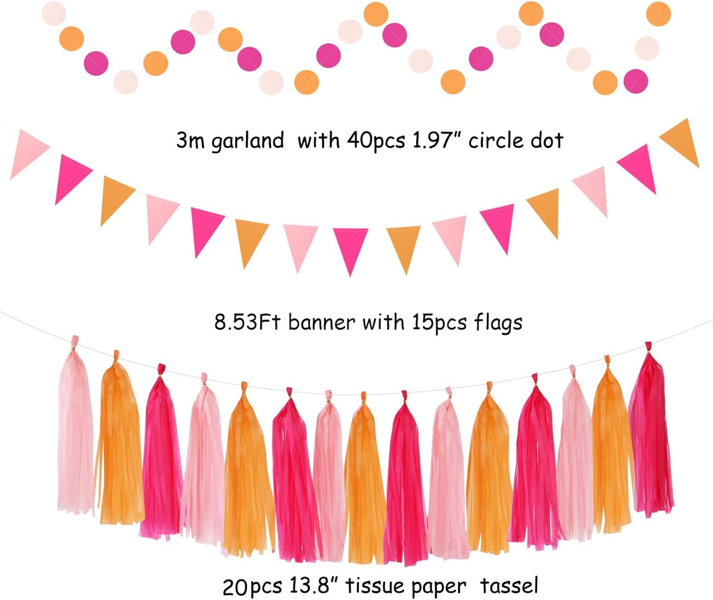 Hot-Pink Burnt-Orange Fall Party Decorations - 33pcs Birthday Baby Shower Banner,Streamers Tassel Garland,Sunset Autumn Thanksgiving Tissue Pom Poms,Paper Lantern Fans,Wedding Backdrop Decor Hugtmr
