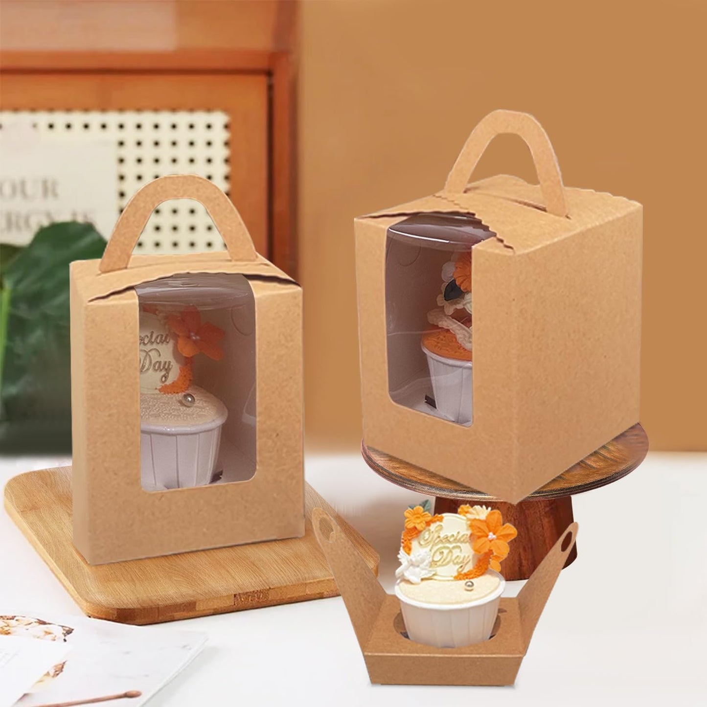 Bakepacker Auto-pop up Individual Cupcake Boxes with Window 60 Count Brown Single Cupcakes Box 3.6 x 3.6 x 4.3inch Cupcake Carrier