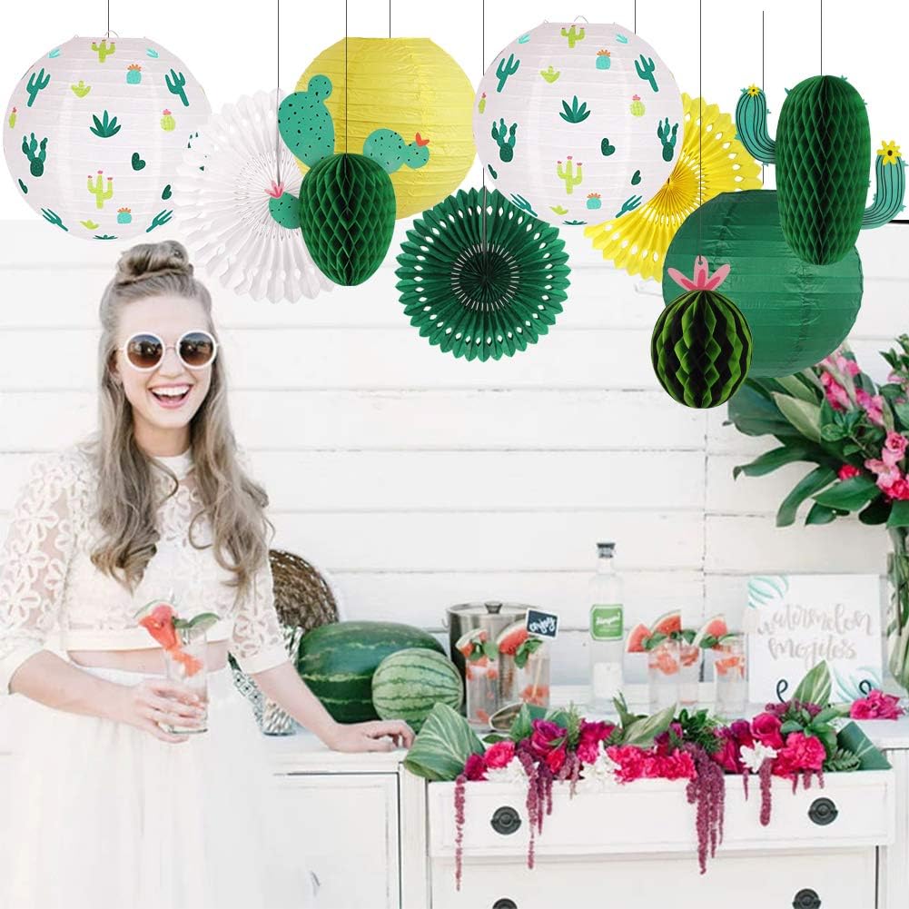 Cactus Party Decorations, Hawaiian Party Supplies Tropical Hanging Paper Lanterns Cactus Honeycomb Tissue Paper Fans for Llama Birthday Luau Party Decorations (Green)
