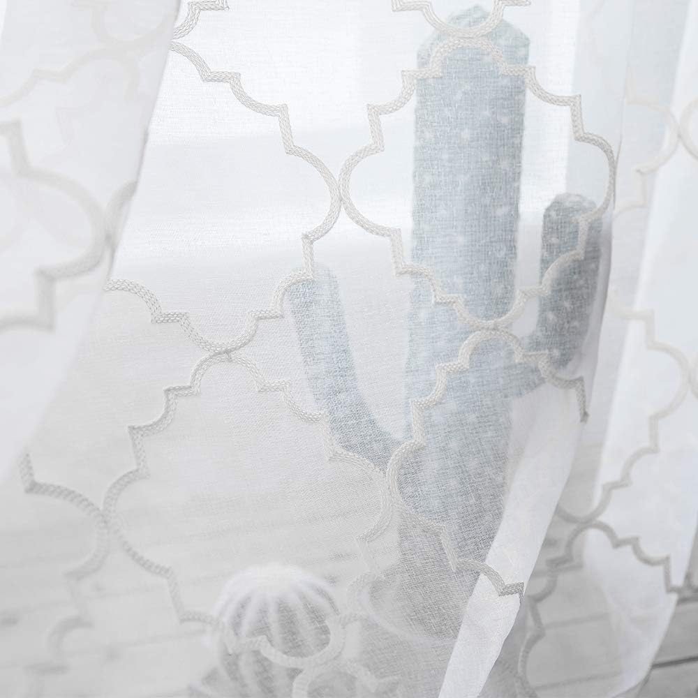Embroidered Moroccan Tile Lattice Design Sheer Curtains White 45 Inch Length, Rod Pocket Voile Drapes for Living room, Bedroom, Window Treatments Semi Curtain Panels for Yard, Set of 2, 52"x 45".