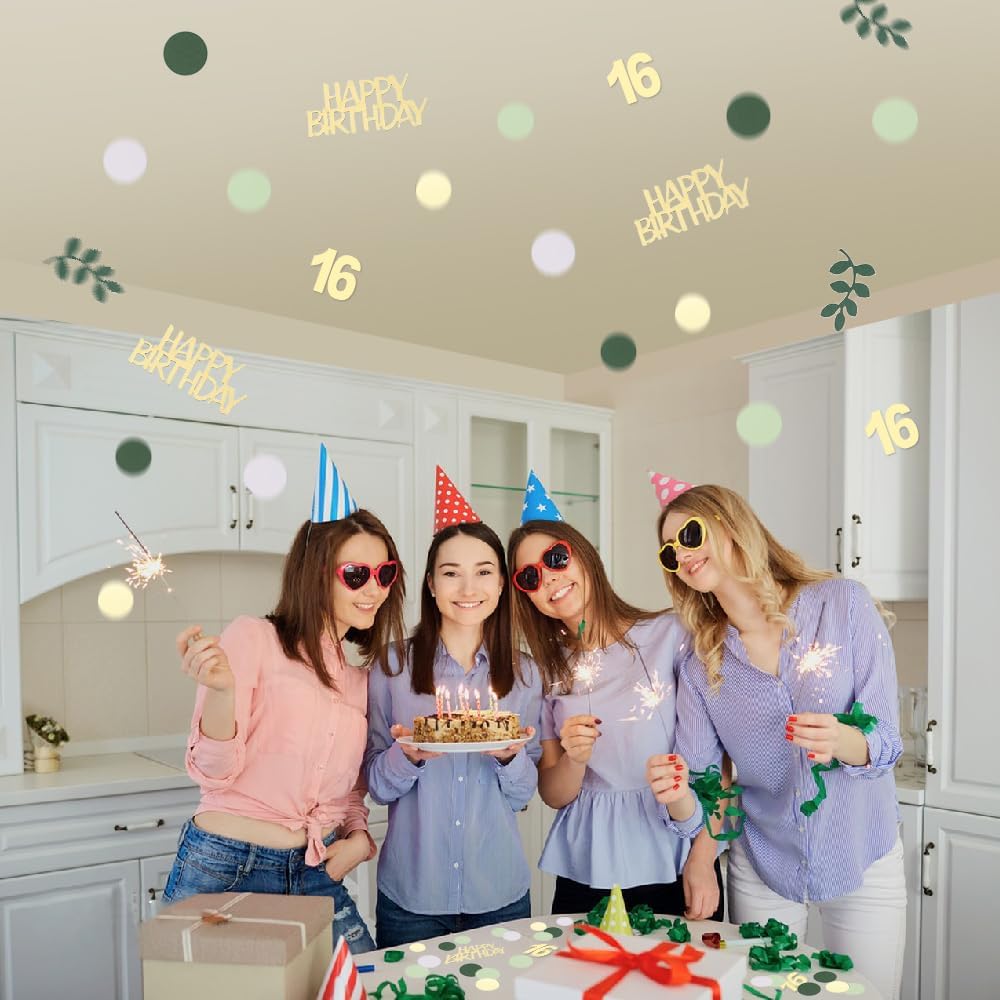 Sage Green 16th Happy Birthday Confetti, 16th Birthday Table Decorations Scatter Green Gold Foil Cake Confetti Decorations for 16 Bday Girls Boys Party Decor 230 Pcs