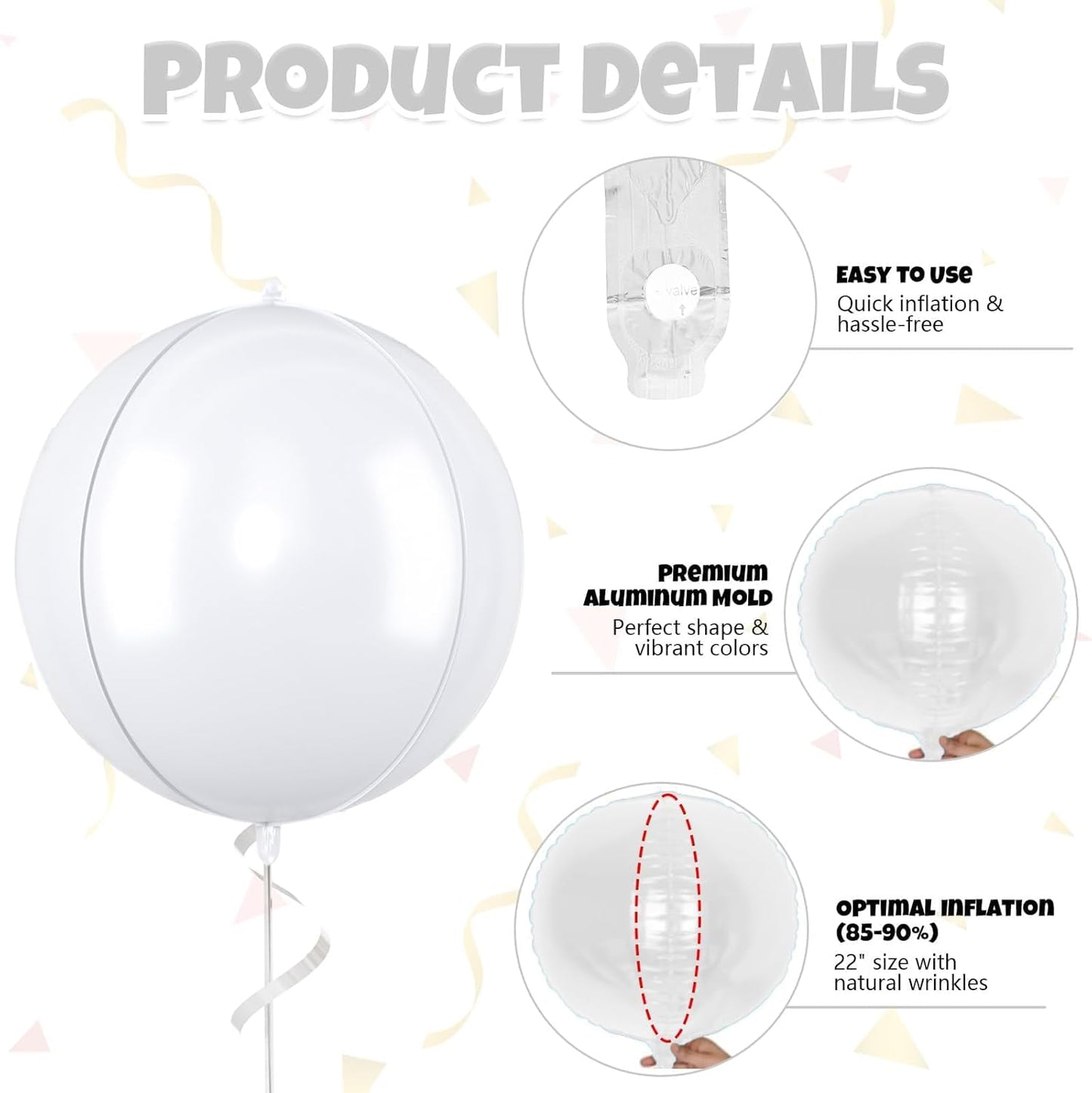 Giant 4D Foil Balloons, 6Pcs Large Metallic White Round Balloons, 22 Inch Big Round Foil Balloon for White Birthday Party Baby Shower Wedding Decorations