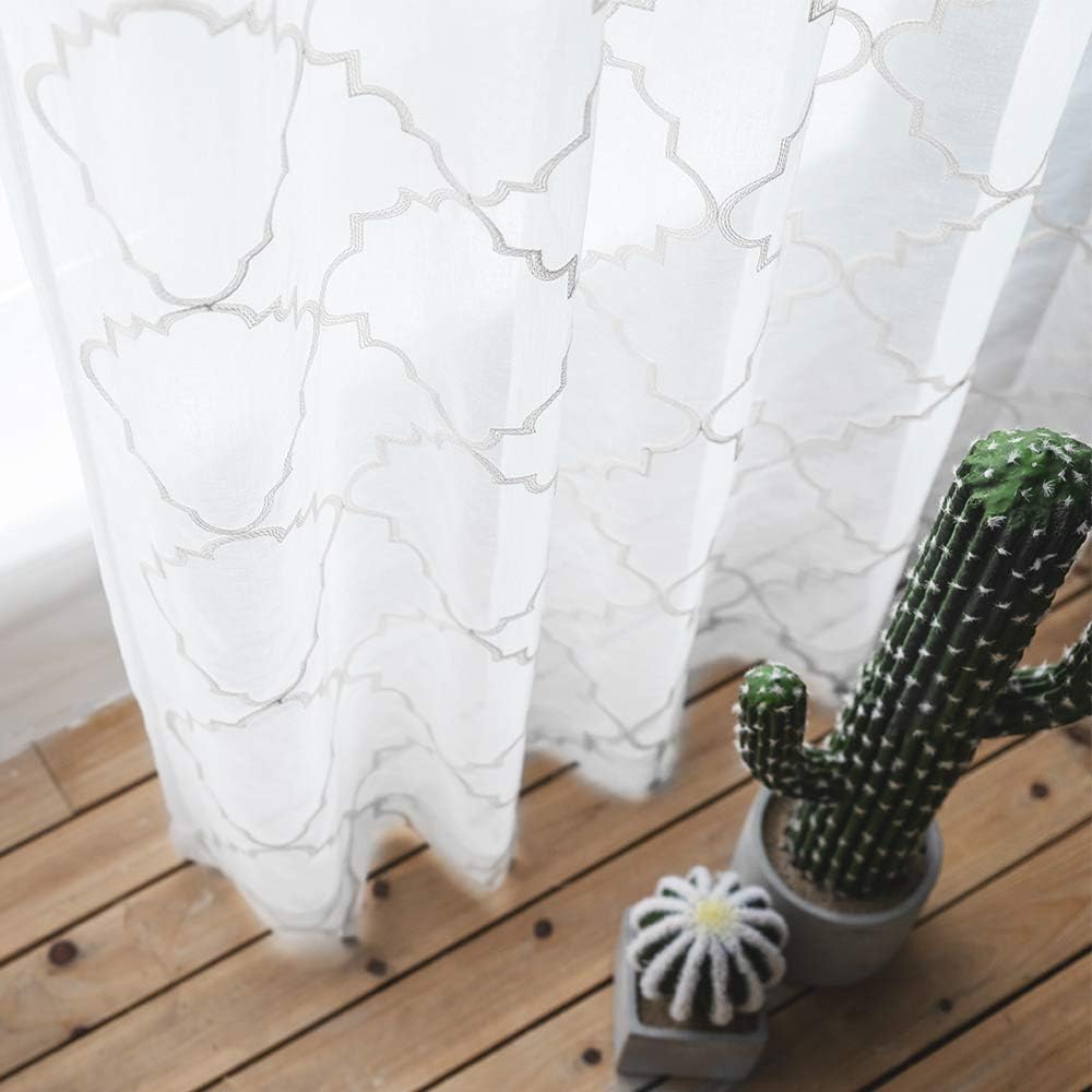 MYSTIC-HOME Sheer Curtains White 95 Inch Length, Rod Pocket Voile Drapes for Living Room, Bedroom, Floral Semi Crinkle Curtain Panels for Yard, Patio, Villa, Set of 2, 52"x 95".