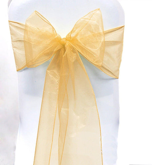 Organza Chair Bow Sash Décor Bows Sashes for Wedding Reception Events Banquets Decoration - (Pack of 25, Gold)