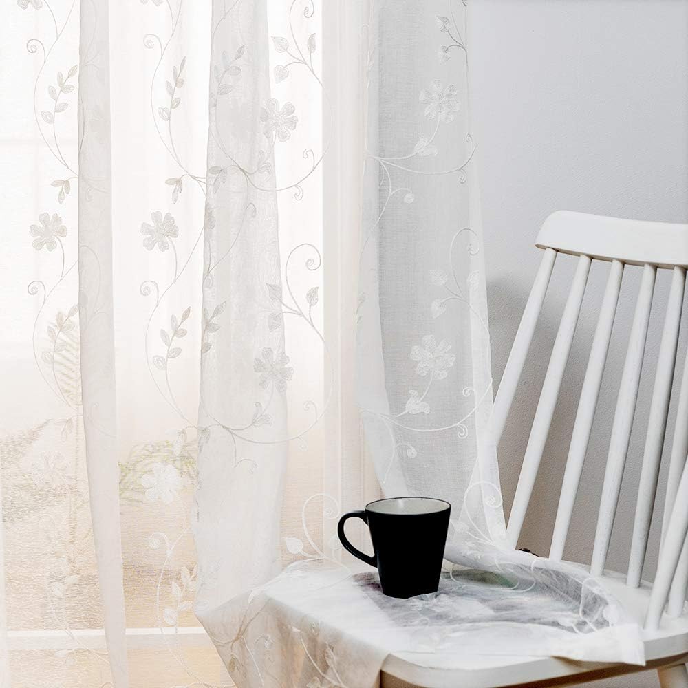 Floral Embroidery Sheer Curtains White 63 Inch Length, Rod Pocket Voile Drapes for Living room, Bedroom, Window Treatments Semi Crinkle Curtain Panels for Yard, Patio, Villa, Set of 2, 52"x 63".