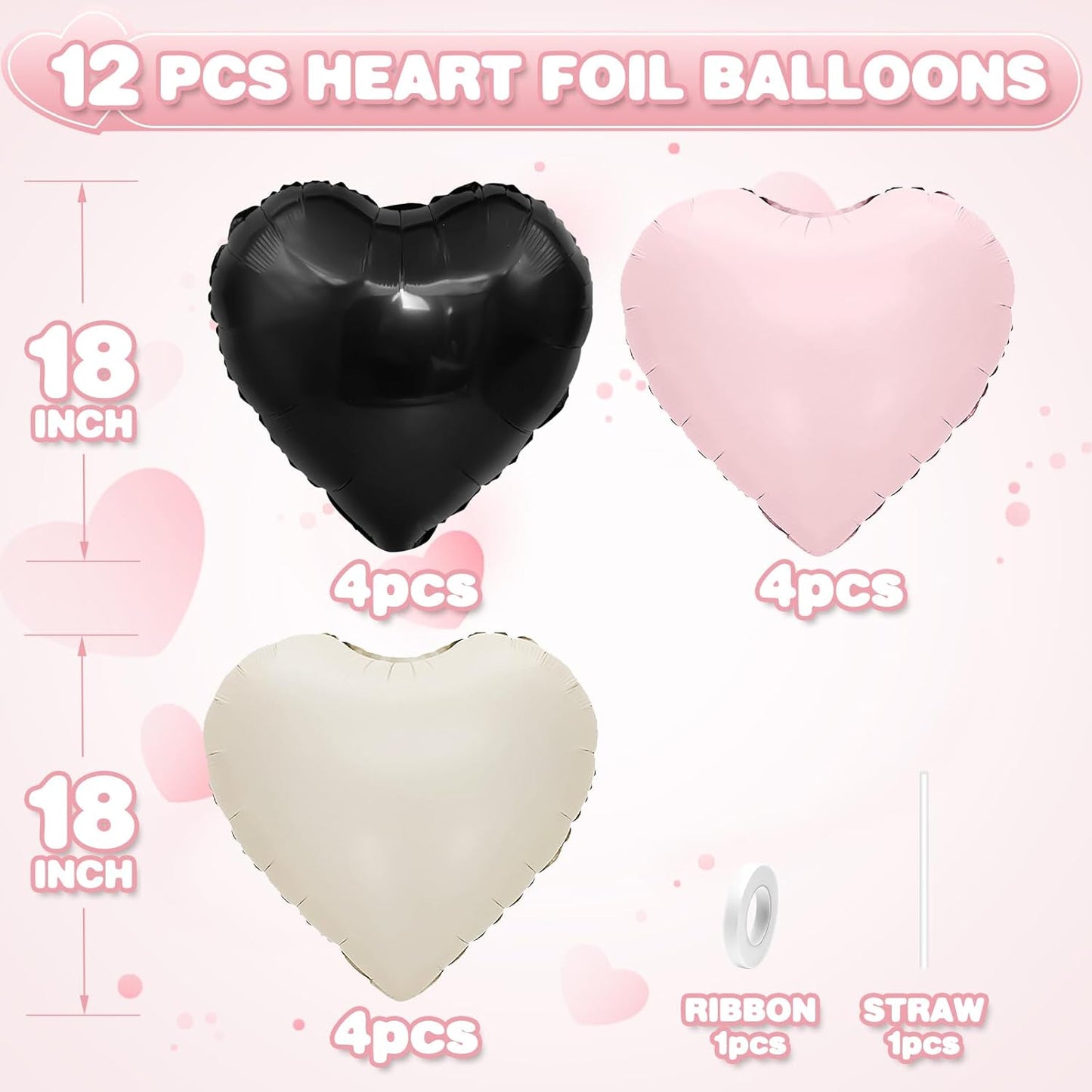 Black Pink White Heart Balloons,12Pcs 18Inch Black Cream White Baby Pink Heart Shaped Foil Helium Polyester Film Balloons for Baby Shower Birthday Anniversary Wedding Engagement Party Decorations