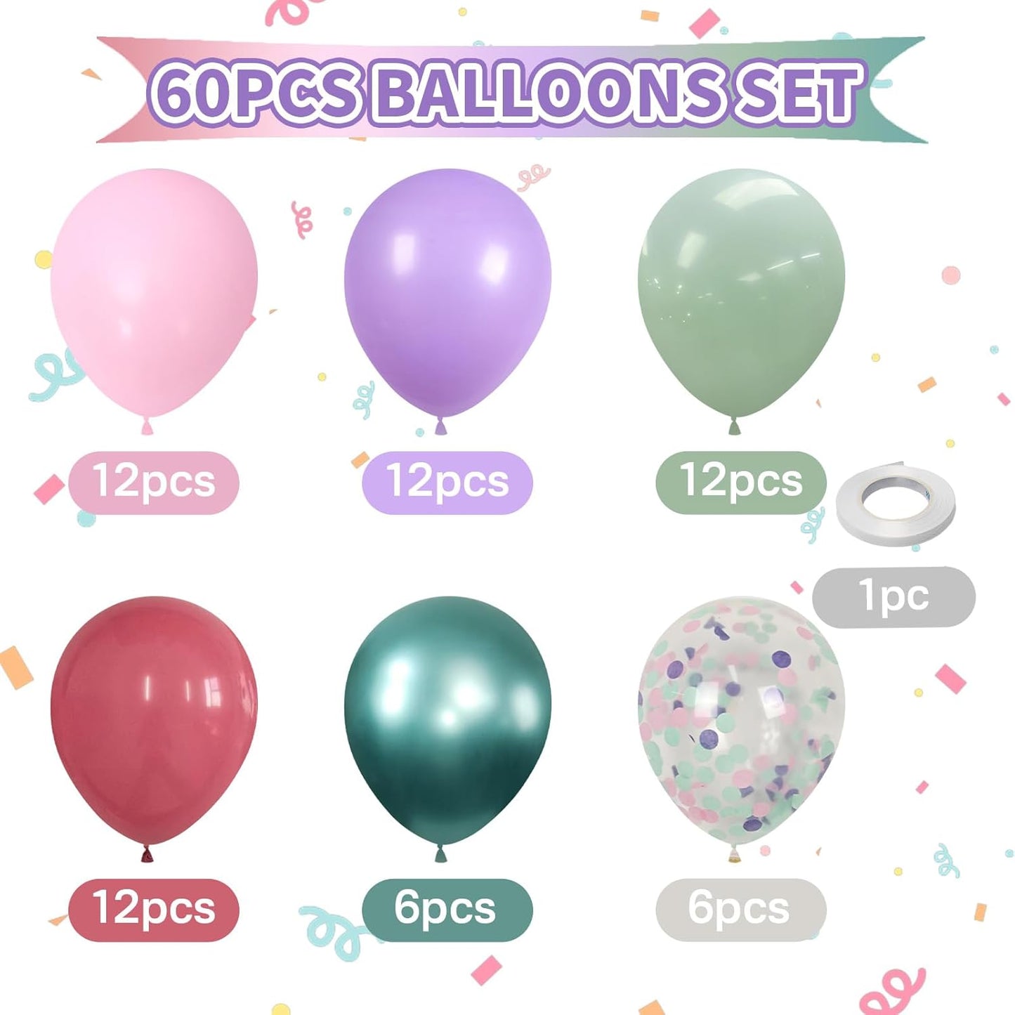 Pink Purple Green Balloons for Mermaid Magic Birthday Party Decorations Under The Sea 60PCS 12INCH Pastel Pink Teal Metallic Sage Green Helium Latex Balloon Confetti Balloons for Arch Baby Shower