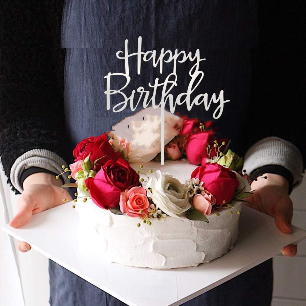 Happy Birthday Cake Topper, Mirrored Silver Acrylic Versatile Cake Topper for Birthday Party Decoration Ideas, Perfect Keepsake for your family and friends