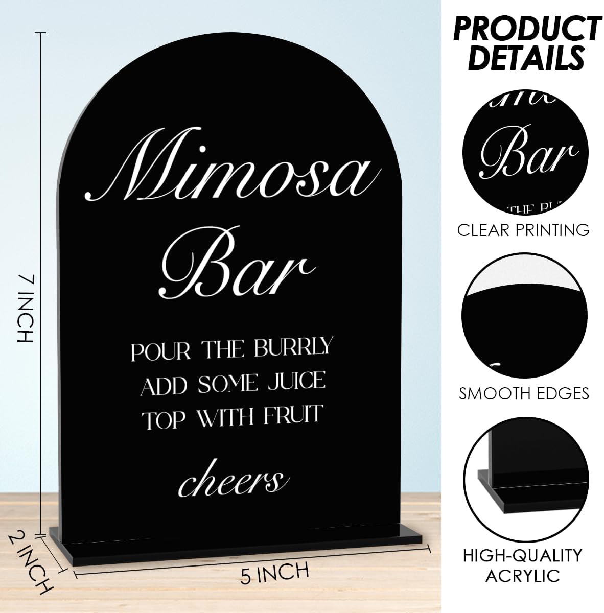 Black Mimosa Bar Sign, Open Bar Signs, Wedding Engagement Bridal Shower Decor for Reception Ceremony Party, Weddings Acrylic Sign